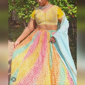 Colorful Multicolor Gown with Blue Dupatta